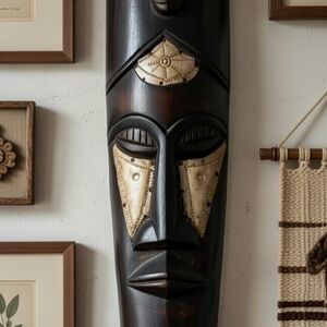 Vintage Ghanaian Wood Mask Brass Inlay 18" Tribal Wall Art #GentlyGems